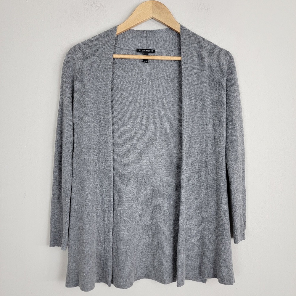 Eileen Fisher Cardigan Sweater Womens XS Gray Knit Open Front Wool Blend Casual